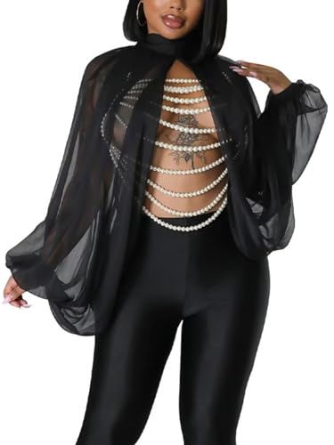 Ophestin Womens Print Sexy Open Back Sheer Chiffon Balloon Sleeve Shirt Blouse Tops Coverup