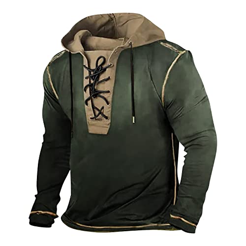 Tactical Men'S Hoodies Lace Up Long Sleeve Pullover Sweatshirts Casual Vintage Fall Soft Cargo Hoodies With Pocket
