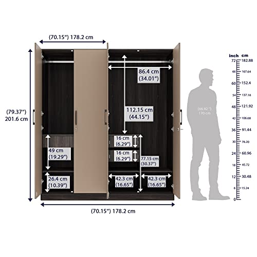 Image of Wakefit Wardrobe | 1 Year Warranty | Engineered Wood Almirah, Cupboard for Clothes Storage | 4 Door, Mirror, 5 Shelves, 1 Partition, 3 Drawers, 2 Hanging Space | Cashmere Plus - Wyoming Maple-Frappe