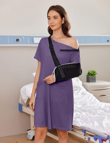 Image of Deyeek Women's Post Shoulder Surgery Hospital Gowns Tear Away Short Sleeve Full Open Side Snap Adaptive Clothing Nightgowns