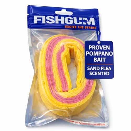 FishGum Surf Fishing Bait Strips for Saltwater Beach Fishing Real Shrimp Crab Clam & Sand Flea Infused Scent Artificial Cut Bait for Pompano Redfish & Flounder (Pink & Yellow)