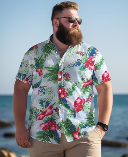 Weecreeture Big and Tall Men's Hawaiian Shirt - Short Sleeve, Tropical Floral Button Down Casual Summer Beach Shirt3