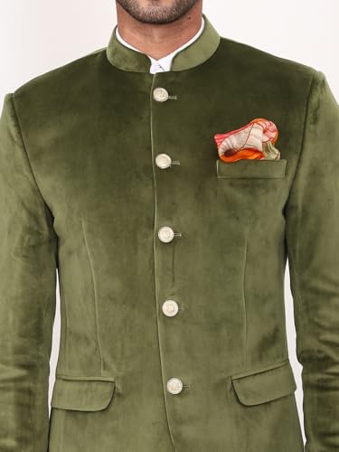 Image of MANQ Men Slim Fit Bandhgala Velvet Blazer - Mandarin Collar, Button Closure, Long Sleeves, Solid Ethnic Winter Wear with Three Pockets for Adults