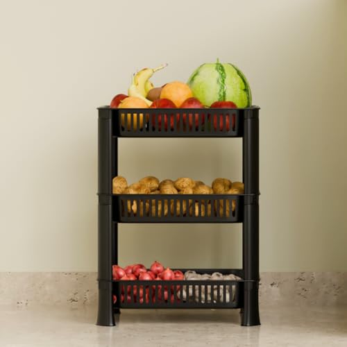 Image of Multipurpose Foldable Plastic Storage Rack Basket Stand for Home, Office and Kitchen (Black, 3 Layer)