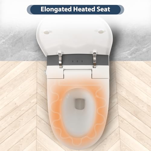 Inodoro inteligente de una pieza con asiento calefactable, sin depósito ni bidé, con descarga por sensor de pie, luz nocturna azul, control mediante perilla y descarga en apagones, tapa de cierre suave, blanco y gris miniatura 5