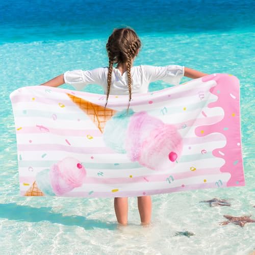 WERNNSAI Kids Beach Towel for Girls - 30” x 60” Ice Cream Sand Free Swim Towels for Girls Bath Pool Camping Travel Towel Quick Dry Ultra Absorbent Super Soft Beach Blanket Bath Shower Towel