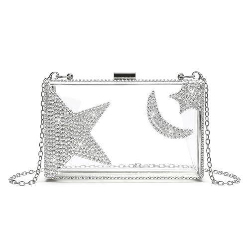 Image of Ladies Clear Acrylic Moon and Star Rhinestone Chain Bag Sparkly Transparant Clutch Purse for Women Evening