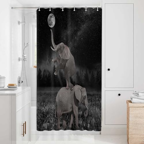 Image of Boziqr Funny Shower Curtains for Bathroom, Cute Elephant Moon Forest Bath Curtain, Rustic Farmhouse Decor Polyester Fabric Fun Cool Animals Black 36 x 70 Inches