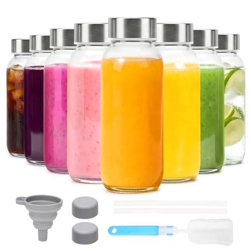 Image of Luxfuel Glass Juice Bottles with Lid 12 oz, 8 Pack Reusable Glass Water Bottles with Stainless Steel Cap & Straws, BPA Free, Leak Proof Juice Bottle Containers for Juicing, Smoothies & Fridge Storage