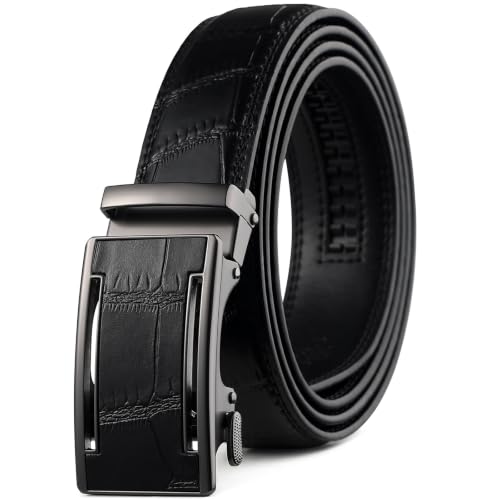 Image of Drowsmen Leather ratchet belt 1 3 /8 inch with Click Sliding Automatic Buckle, Adjustable belt Trim to Fit