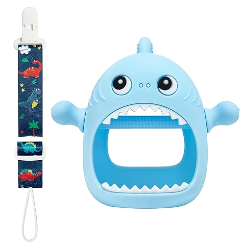 Image of Kpblis Shark Silicone Baby Teether Toy for Babies 0-6 Month, Never Drop Baby Teething Toys for 6 to 12 Months, Infants Hand Teether Pacifiers, Baby Chew Toys for Sucking Needs - Light Blue