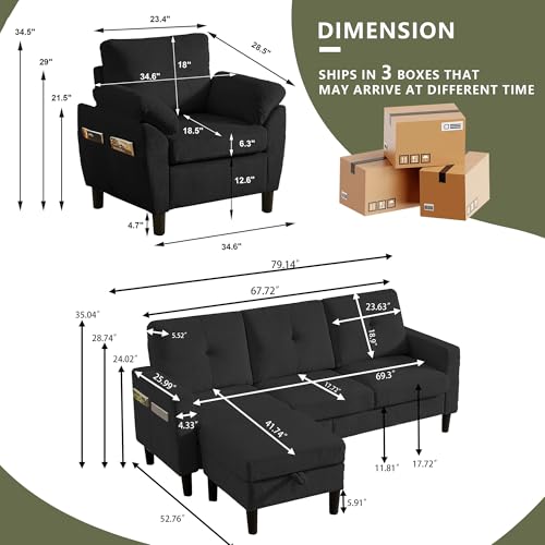 Image of 3 Pieces Sofa Set for Living Room with Sofa, Storage Ottoman and Single Chair