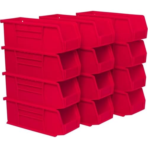 Akro-Mils 30224 AkroBins Plastic Storage Bins, Space-Saving Stackable Bins for Garage, Pantry, Craft Organization, 11″ L x 4″ W x 4″ H, Red, 12-Pack