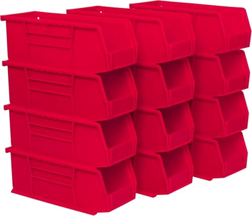 Akro-Mils 30224 AkroBins Plastic Storage Bins, Space-Saving Stackable Bins for Garage, Pantry, Craft Organization, 11" L x 4" W x 4" H, Red, 12-Pack