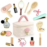 15 Pcs Wooden Kids Makeup Set for Girls, Pretend Play Makeup Kit for Toddlers, Makeup Toy Set with Cosmetic Bag, Mirror, Brushes & Accessories for Christmas Halloween Birthday Gifts Age 3+