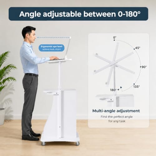 Image of POWERSTONE 2PCS Sit to Stand Mobile Lectern Teacher Podium Portable Height Adjustable Podium Stand Rolling Laptop Desk Cart with Storage Shelf Swivel Top for Classroom, Concert, Church White