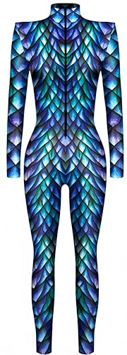 Ocean Plus Damen Halloween Skelett Digitaldruck Overall Schmal Geschnittene Langärmlige Einteilige Strumpfhose Jumpsuit (XL, Lila Schuppen)