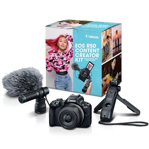 Image of Canon EOS R50 Mirrorless Camera Content Creator Kit Including Body + 18-45mm is STM Lens + Microphone + Tripod Grip 5811C059 Bundle with Deco Gear Photography Bag + Tripod + Software & Accessories