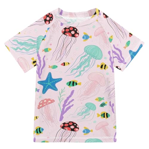 Under Ocean Animal Jellyfish Starfish Pink Colorful Short Sleeve Matching Bathing Suits for Kids Swimsuit for Kids Girls Rash Guard Girls for 3-12 Years trajes de bano para nina