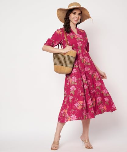 Image of PIDAVLIYA'S Women's Cotton Floral Printed Midi Dress | V-Neck Fit & Flare Dress with Puff Sleeves | Casual Summer Wear