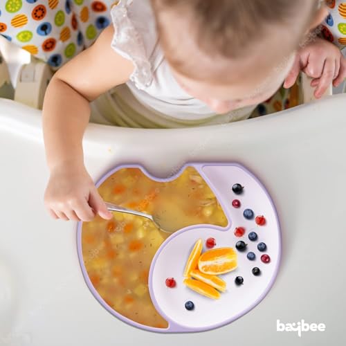 Image of BAYBEE Elephant Silicone Divided Baby Plate with 2 Training Spoons | Baby Feeding Set for Toddlers & Kids | Suction Plate and Spoon Combo for Boys & Girls | Tableware Set for Boys & Girls (Purple)