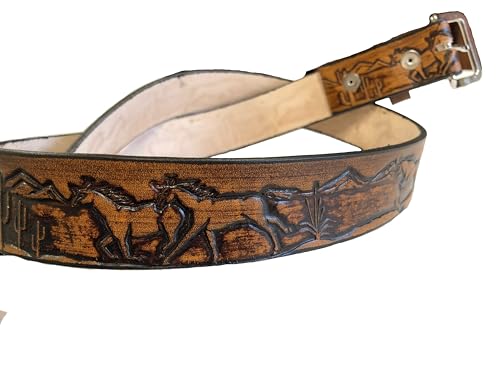 Western Leather Belt Horse Design Handmade Brown Size 30-522