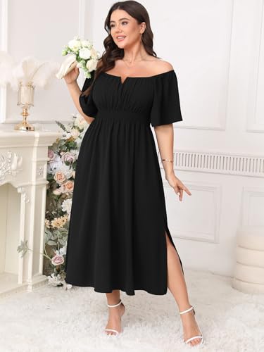 Women Plus Size Dress Wedding Guest Formal Ruffle Short Sleeve Square Neck Smocked Flowy A Line Slit Maxi Dresses2