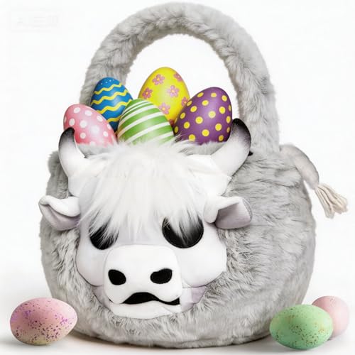 Image of Easter Basket, Soft skeleton Cow Plush Baskets, Easter Egg Hunt Buckets, Easter Decorations Indoor Outdoor, Cute Easter Gifts for Kids, Adults, Teens, Toddlers, Girls