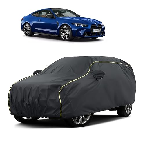 Image of Sulfar 100% Water Resistant Car Body Cover Compatible with Mirror for BMW M4 (Triple Stitched, Full Bottom Elastic, Dark Grey Taffeta with Yellow Piping)