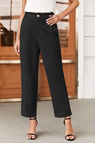 Febriajuce Women's High Elastic Waisted Dress Pants Button Down Pleated Work Pants Straight Leg Ankle Pants Office Trousers2