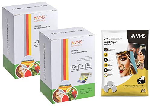 Image of VMS Deluxe 70x100mm 250 Micron Lamination Pouch - 2 x 100 Sheets & VMS Imperial 260 GSM A4 Glossy Photo Paper - 20 Sheets