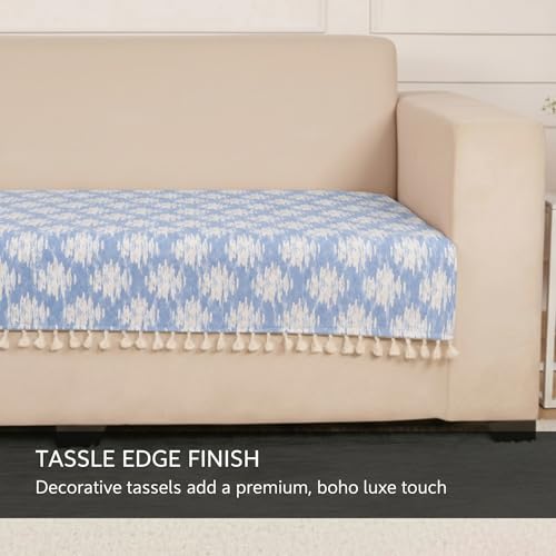 Image of STITCHNEST 'Verdant Ikat Stories' 3 Seater Sofa Cover| Elegant Jacquard Fabric, Decorative Tassels, Washable & Durable for Modern Living