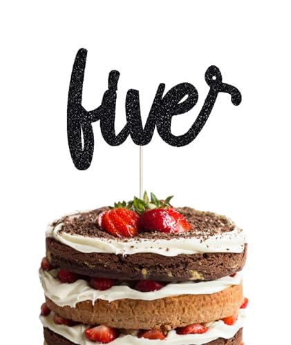 Decoración para tarta de cinco cumpleaños: purpurina negra de doble cara, decoración de pastel de 5º cumpleaños para niño, decoración de pastel de 5º cumpleaños para niña, accesorios para cabina de