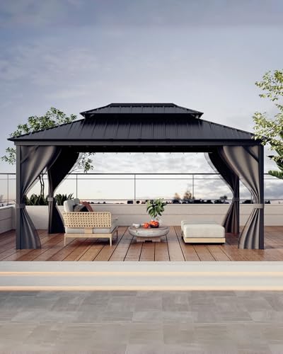 Hardtop Gazebo 12'x16' for All Weather, with Double Metal Roof, Aluminum Alloy Frame, Net, and Curtain, Permanent Building for Patio, Deck, Backyard, Lawn, and Garden, Gray