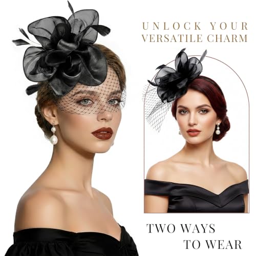 Image of DRESHOW Fascinators Hat Feather Headband Women's Fascinators Tea Party Headwear with Clip Flower Head Band for Girls & Women