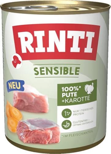 RINTI - Sensible | Nassfutter für Sensible, ausgewachsene Hunde mit natürlichen Fleischstücken. Getreidefreies Alleinfutter in der Dose ohne künstliche Zusätze | 6x800g Pute + Karotte