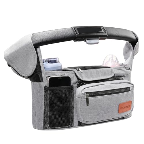 Image of WUUTER Stroller Organizer with Cup Holder Detachable Wristlet Large Capacity Baby Stroller Bag for Mom, Fits Uppababy, Baby Jogger, Britax, BOB, More (Grey)