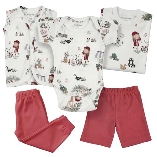 Image of Haus And Kinder Baby Clothes Set For 0-6 Months - Pack Of 5 | 5-piece Newborn Outfit With Onesie, T-shirt, Pants, Shorts, Vest ? Soft Jersey Cotton Infant Apparel | Scarlet Print For Boys & Girls