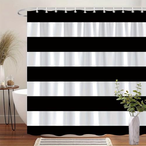 UUDIHO Cortina de Ducha Moderna de Rayas Blancas y Negras, Lavable, de poliéster, con 12 Ganchos, para bañera (200 x 300 cm/79 x 118 Pulgadas (Ancho x Alto)