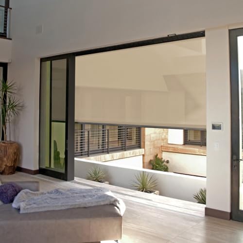 ZSHINE Hard-Wired Outdoor Weatherproof Motorized Patio Roller Shades Remote Control for Porch Balcony Customized Size (Beige Yellow 10% Openness)