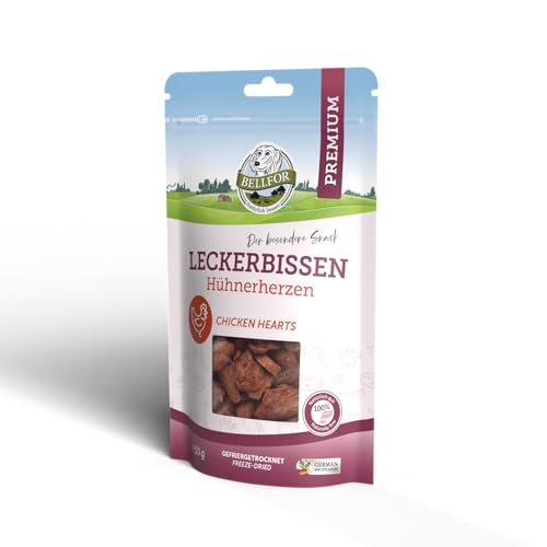 Bellfor Leckerbissen für Hunde Hühnerherzen Hundefutter - 50 g. Gefriergetrockneter Hundesnack. Getreidefreies Hundeleckerli, proteinreich und leicht verdaulich, ohne künstliche Zusätze.
