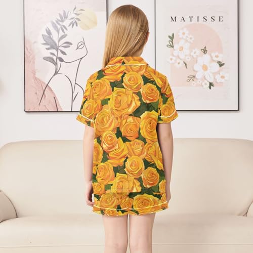 ALAZA Yellow Rose Flower Leaves Satin Pajamas Set Short Sleeve Button Down Sleepwear Summer Pjs 2 Piece4