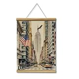 HUARCEY Empire State Building Wall Art Hanging Scroll, 12x16 Vintage New York City Street View Yellow Taxi American Flag Eagle Framed Canvas Print, Watercolor Painting Bedroom Office Decor