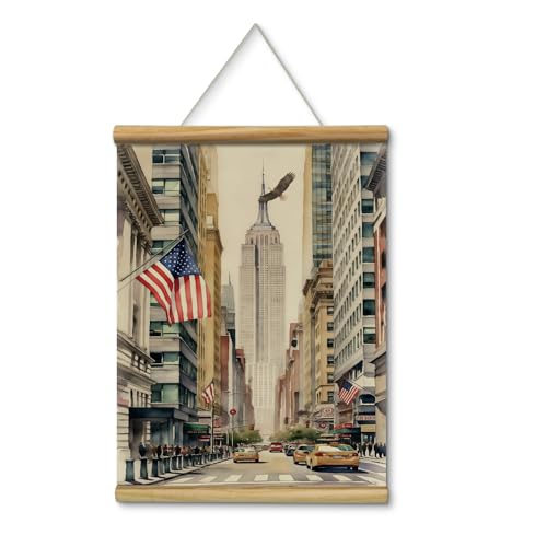 HUARCEY Empire State Building Wall Art Hanging Scroll, 12x16 Vintage New York City Street View Yellow Taxi American Flag Eagle Framed Canvas Print, Watercolor Painting Bedroom Office Decor