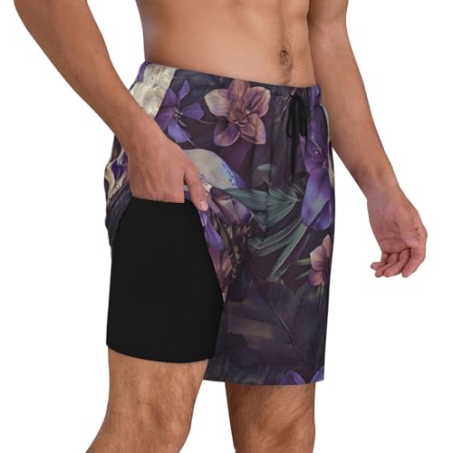 Mens Swim Trunks Palm Leaves Skull Swim Shorts Quick Dry Beach Shorts with Compression Liner and Pocket 2-in-1 Swim Trunks Stretch Summer Shorts,Black,3X-Large,A883