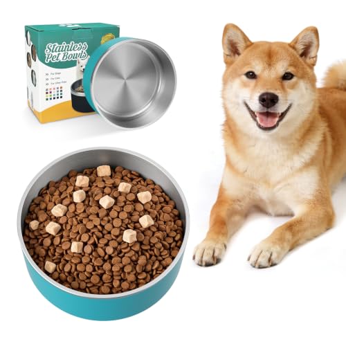 Image of IKITCHEN Dog Bowl for Food and Water, 64 Oz Stainless Steel Pet Feeding Bowl, Durable Non-Skid Double Wall Insulated Heavy Duty with Rubber Bottom for Medium Large Dogs (64 Ounces /8 Cup, Lakeblue)