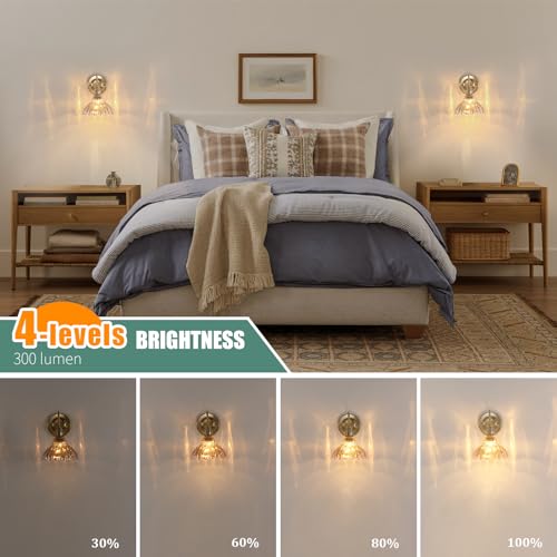 Image of Shenmoyl Battery Operated Wall Sconce Set of 2, Vintage Rechargeable Wall Lights with Amber Lily Glass Shade, Wireless Indoor Wall Lamp with Remote for Bedroom Living Room Bathroom