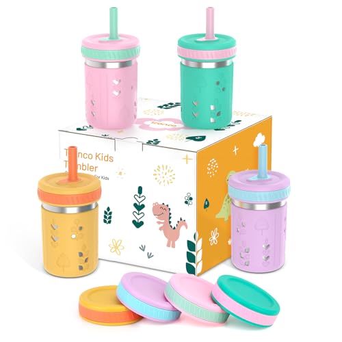 Image of Tronco [4 Pack] 10 oz 2-in-1 Stainless Steel Kids Tumbler Cups with Silicone Sleeves, Spill-Resistant Flexible Straws & Storage Lids, BPA-Free Smoothie and Snack Cups, Dishwasher Safe