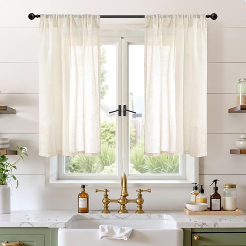 Image of BGment Beige Linen Curtains 45 Inch Length for Short Kitchen Cafe Window - Small Cream Semi Sheer Drapes with Rod Pocket Rustic Natural for Bathroom Lightweight, 2 Panels, Each Panel 30 Inch Wide