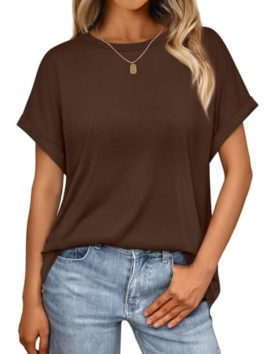 Cuptacc Tshirt Damen Rundhals T-Shirt Casual Kurzarm Oversize Shirt Damen Einfarbiges Oberteil Lässig Groß L 42-44 Dunkelbraun